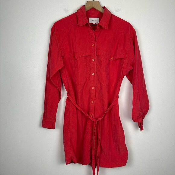 BA&SH Pearl Belted Red Lyocell blend Poplin Mini Shirt Dress Women’s Sz XS - Picture 3 of 9